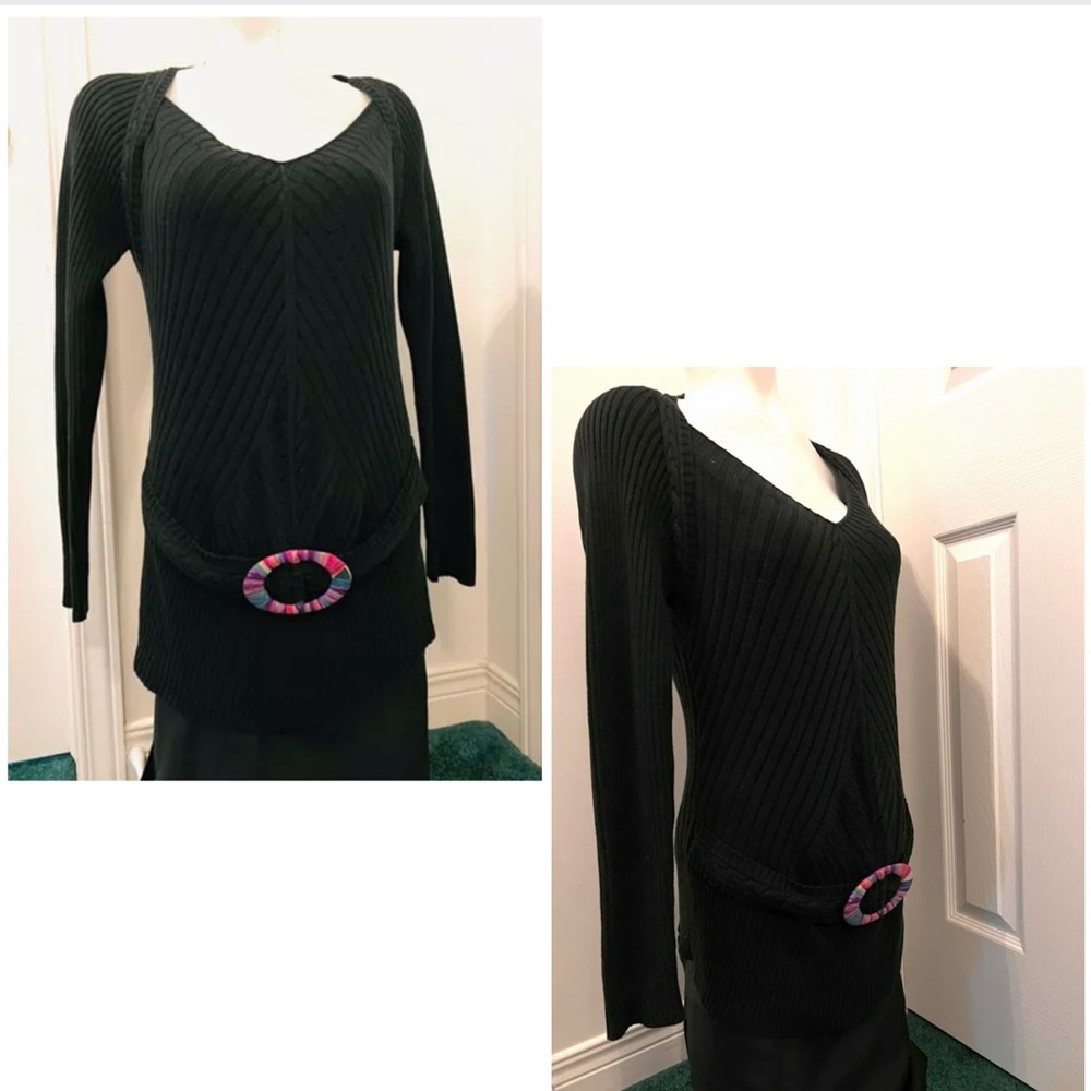 Long black rib-knitted sweater w/integrated belt & its  multicoloured buckle - Picture 7 of 13